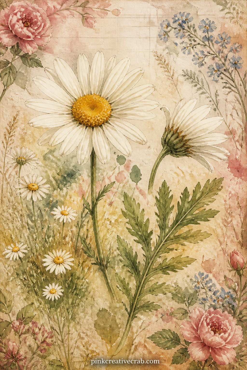 Wild Daisies In A Field Guide Style printable page — Note the date and the place the daisies were seen along the bottom of the page, the way a field guide