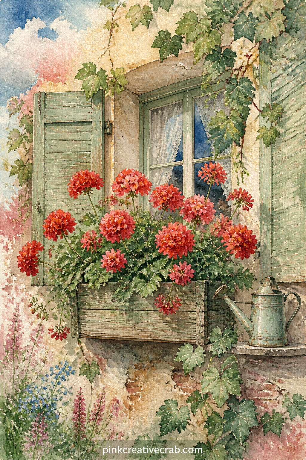 Window Box Of Geraniums printable page — A frequent problem with window scenes is a flat painted sky with nothing happening in it, so pick a version with birds