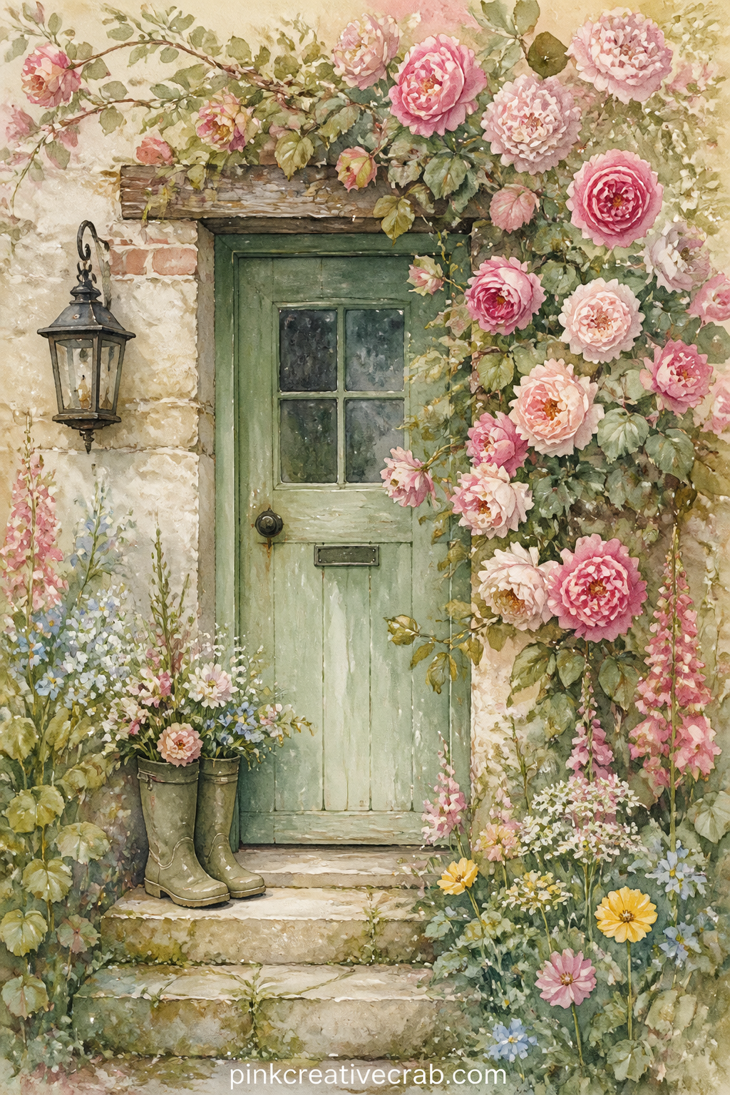 Cottage Doorway With Climbing Roses printable page — Fold this page in half down the middle before gluing only the back half in, so the doorway with its roses