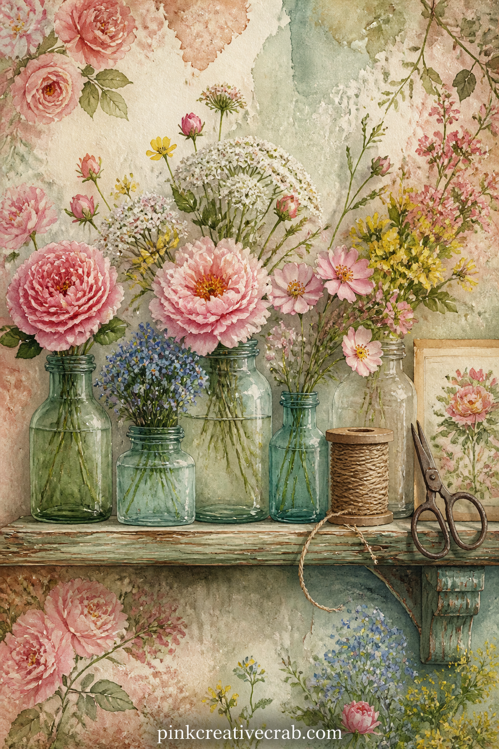 Shelf Of Vintage Flower Pots printable page — Three or four short-necked bottles of flowers line a wooden shelf as the main image, with a ball of twine, a pair
