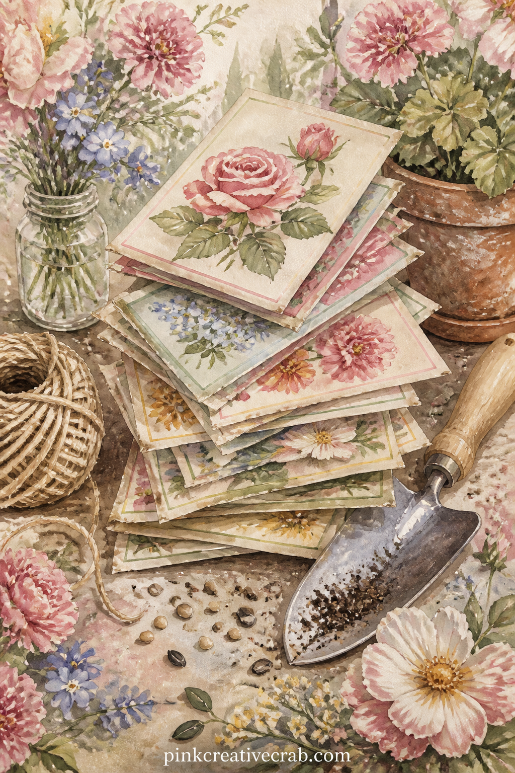 Stack Of Flower Seed Packets printable page — Glue a real seed packet, even an empty one, over the corner of this page so the illustrated stack appears to