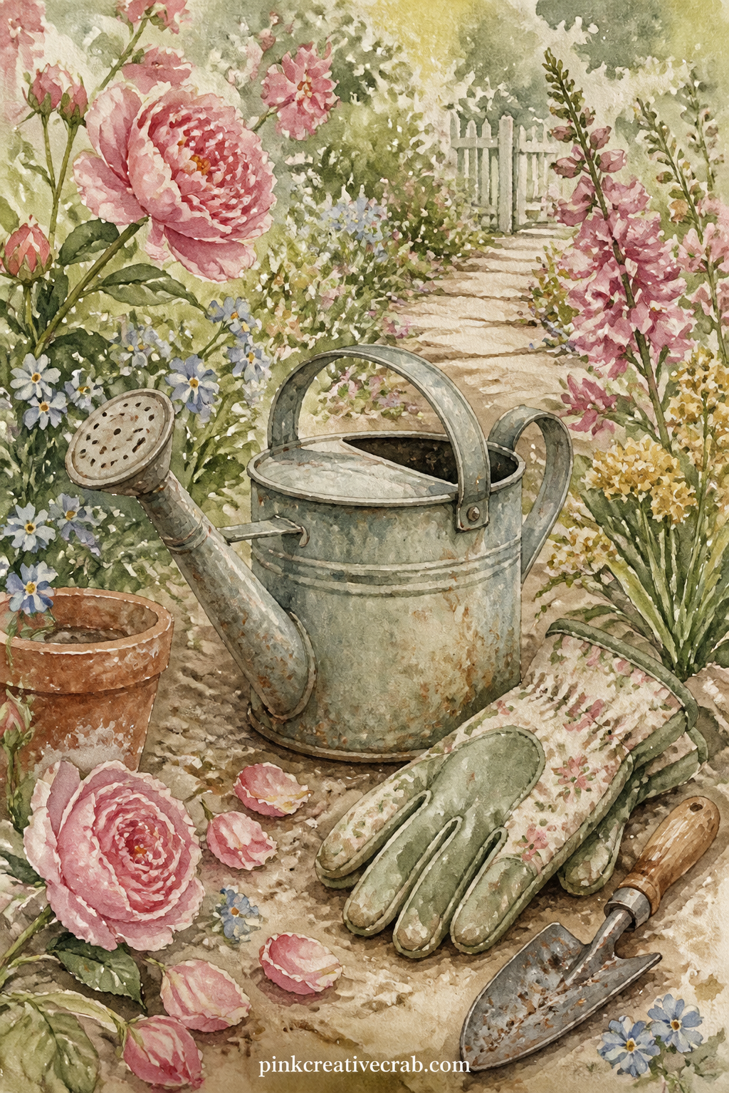 Watering Can And Garden Gloves printable page — Write a short gardening to-do list directly onto this page, since the watering can and gloves give a natural