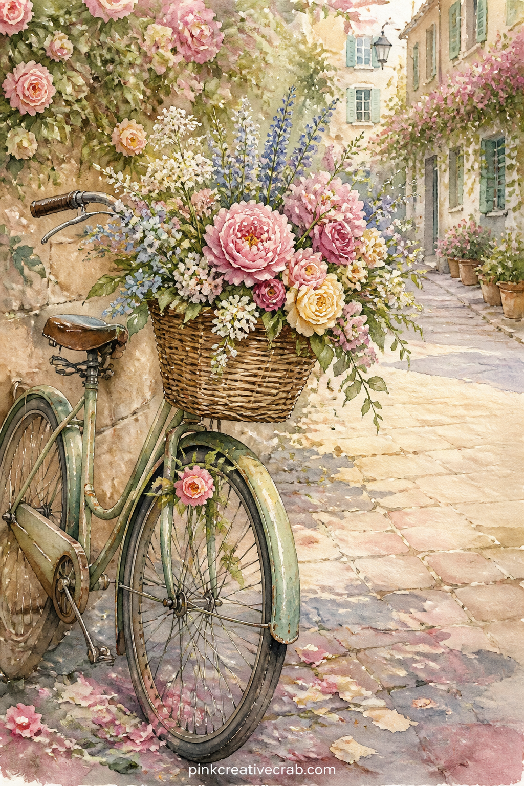 Bicycle Basket Of Mixed Blooms printable page — Pair this page with the market stall scene earlier in the set, placing the bicycle on the way to or from the
