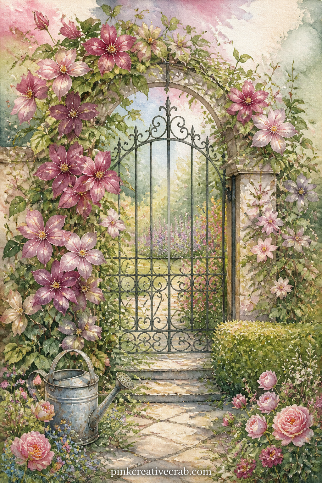 Garden Gate With Climbing Clematis printable page — Leave a short open line under this page reading dear garden, then let the writer finish the thought, since