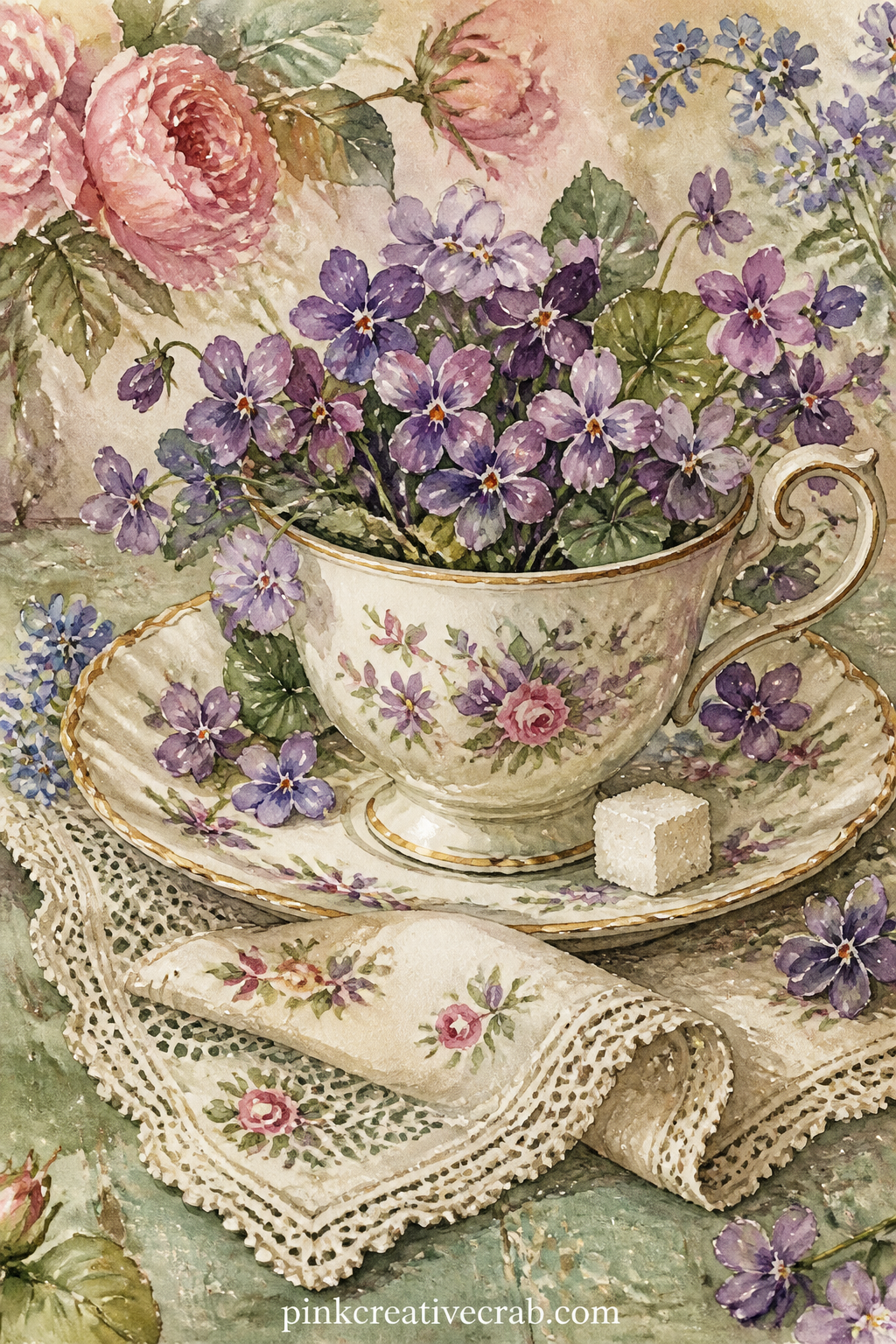 Vintage Teacup Of Violets printable page — This small cup of violets suits a reader who collects old china, so set it beside a saucer and a folded lace napkin