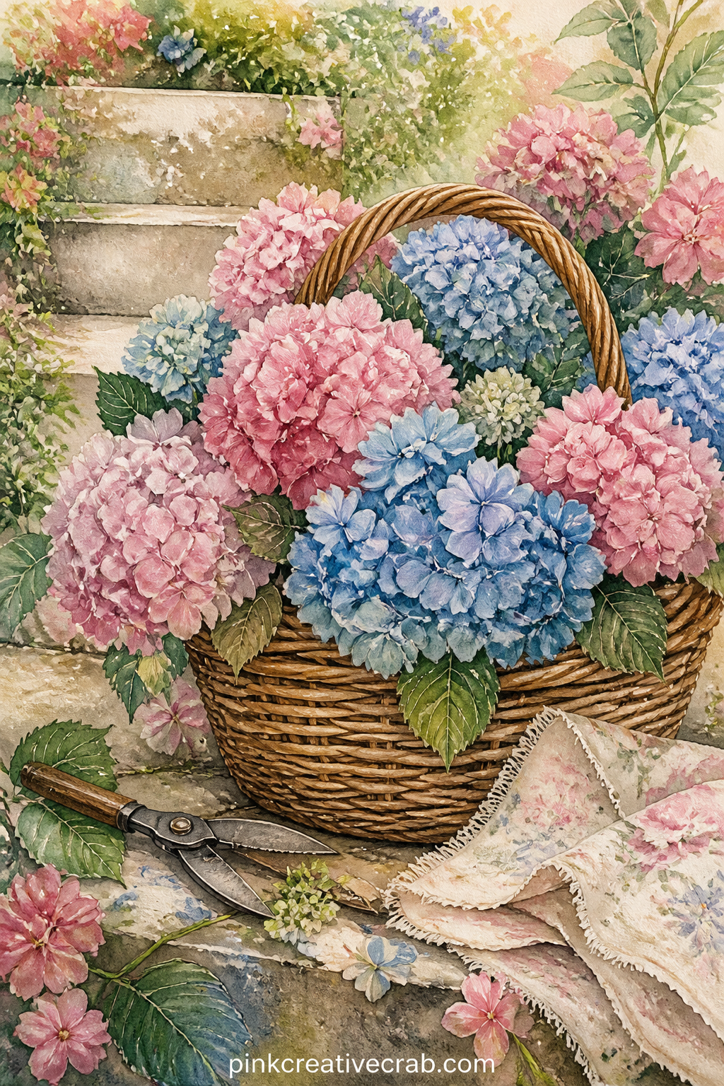 Woven Basket Of Cut Hydrangeas printable page — For the five minute version, add only a single ribbon tied around the basket handle in marker, over the already