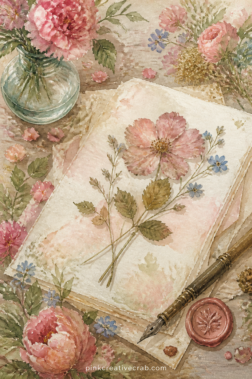 Pressed Flower Letter On A Writing Desk printable page — Glue a folded paper scrap or ribbon onto this page so it reads as the letter itself, with the pressed
