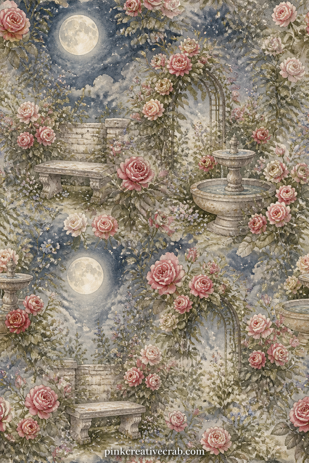 Moonlit Rose Garden printable page — Even a night scene stays full: this garden keeps its roses and hedges lit softly by a painted moon and sky, so nothing on