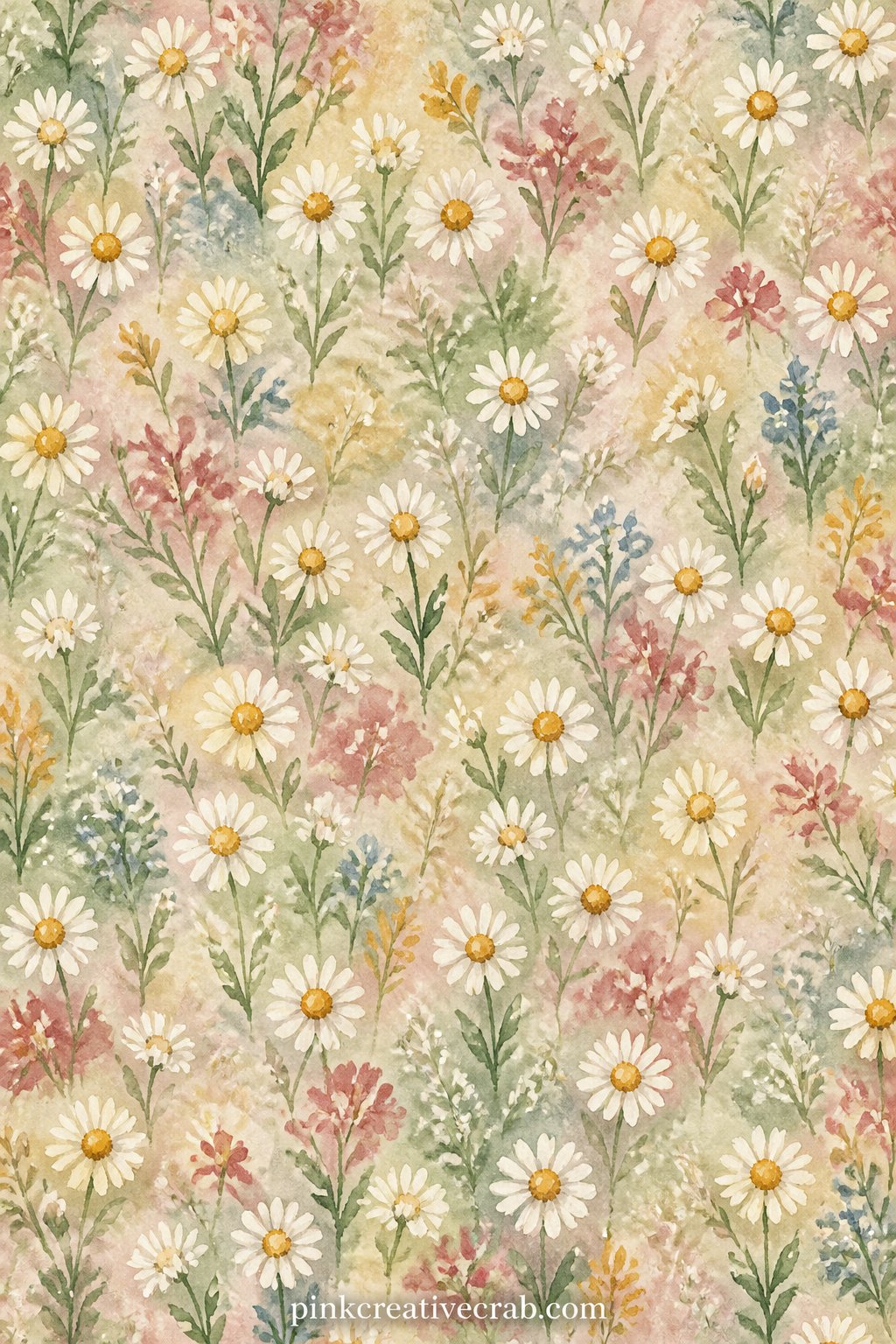 Daisy Field Pattern printable page — Loose daisies spread across the whole sheet in this pattern, ready to sit under a meadow photo, line the inside front