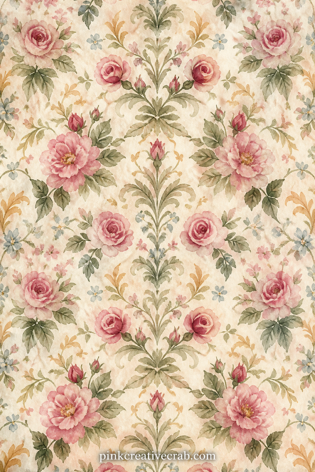 Vintage Floral Damask Background printable page — A faded damask of roses and leaves repeats across this sheet, strong enough to serve as a journal cover, a