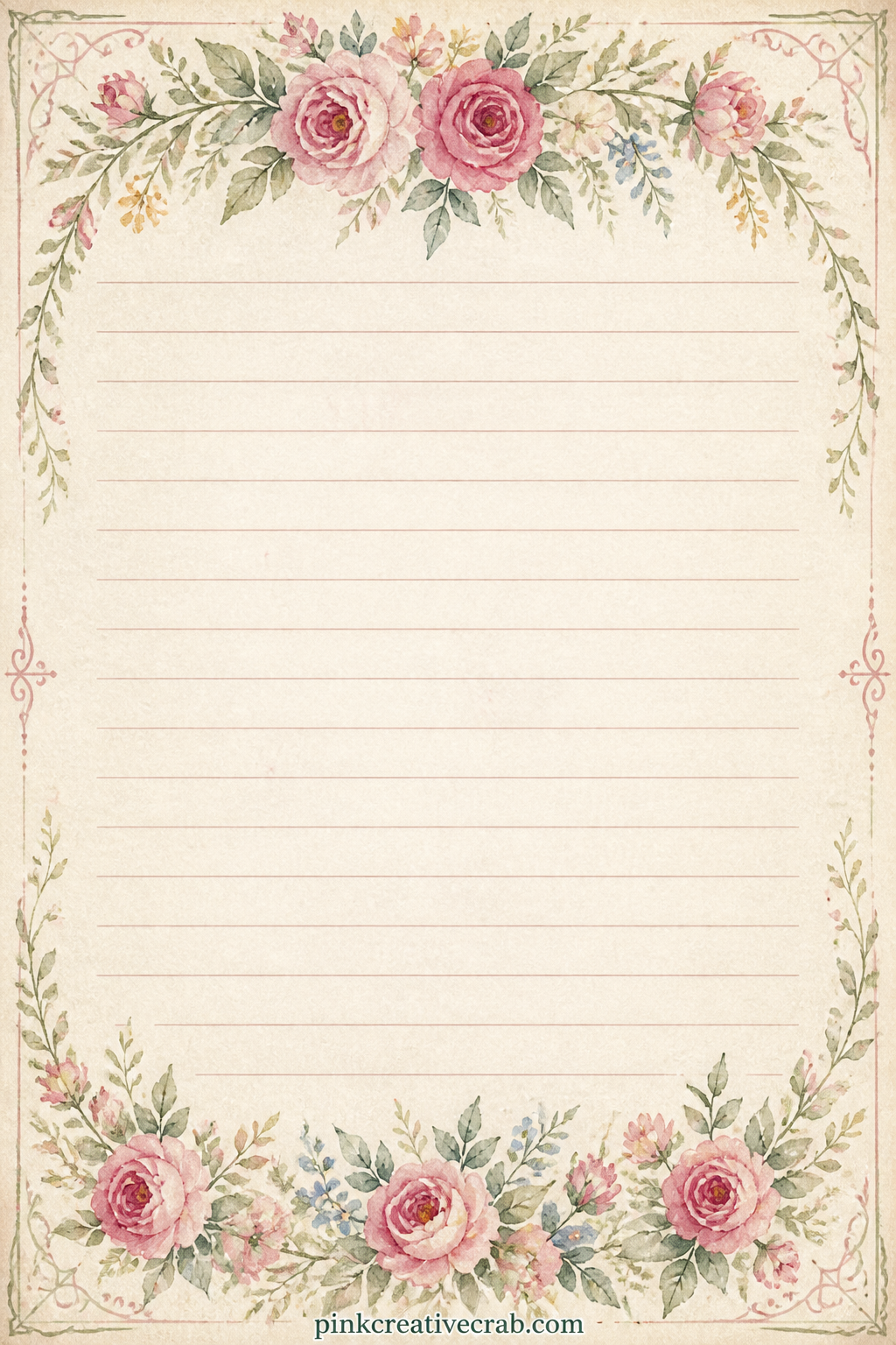 Rose Border Lined Page printable page — Lines down the centre wait for a flower-shop receipt copied out, a short list of favourite blooms, or a letter to next