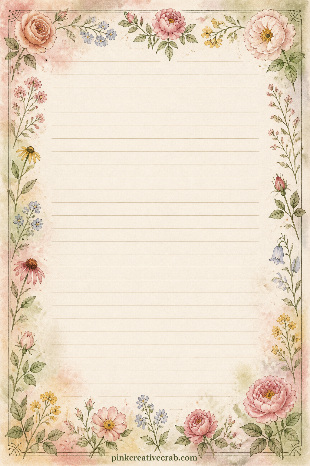 Botanical Frame Lined Page printable page. Junk journal flowers