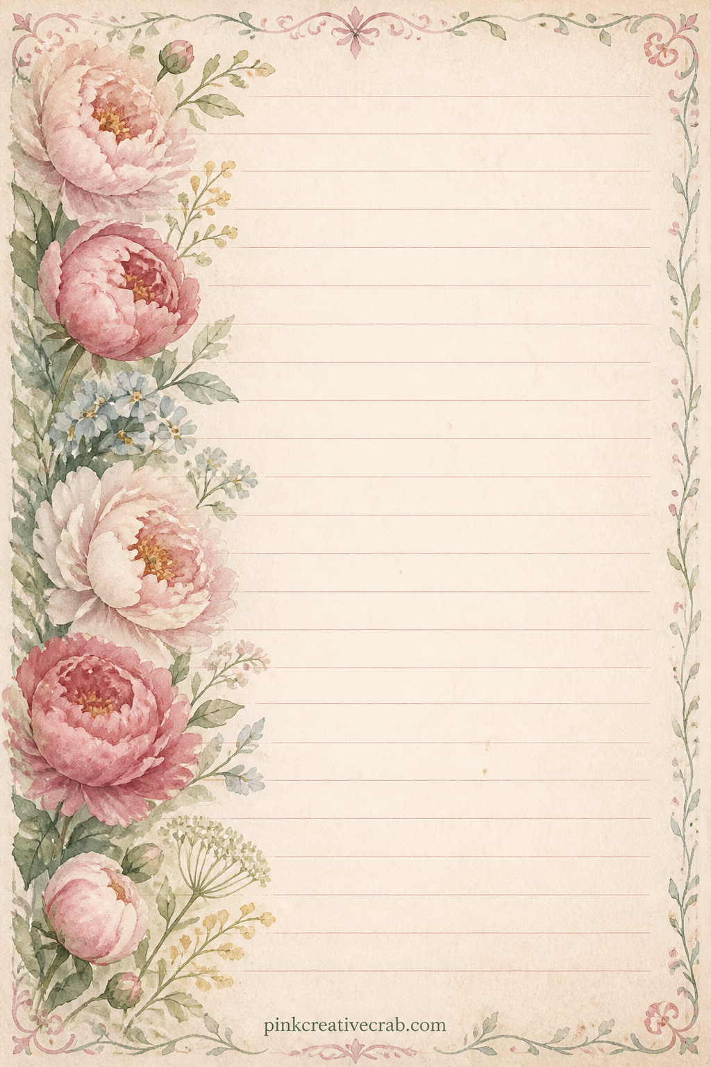 Peony Band Lined Page printable page — The side band of peonies leaves the rest of the page open for a thank you note, a short poem, or a recipe for a floral