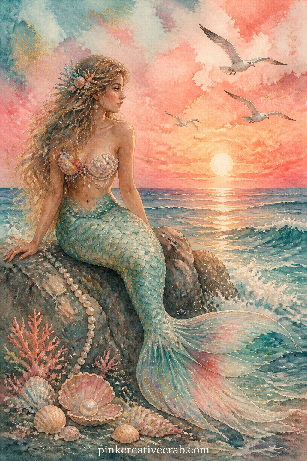 Mermaid On A Sunset Rock printable page — A lone mermaid rests on a rock as the sky turns coral and gold behind her, her tail catching the last light over the