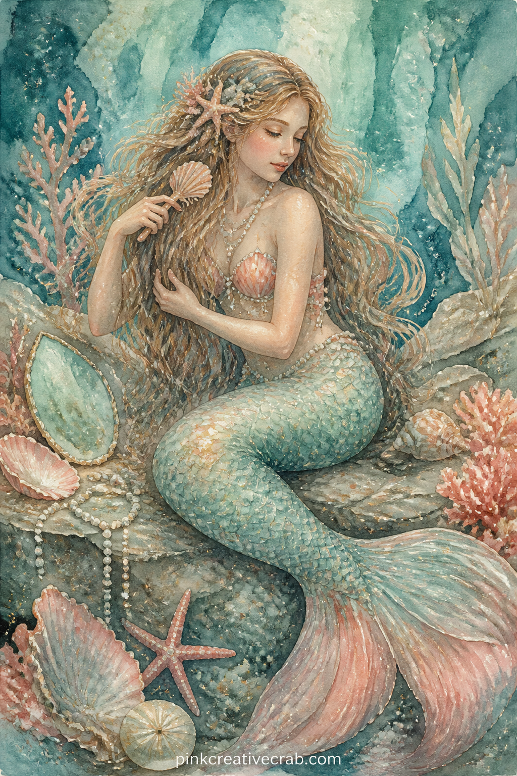 Mermaid Combing Her Hair printable page — Pair this page with the Scales And Pearls Pattern for the facing sheet: let her tail hang over the pattern edge so