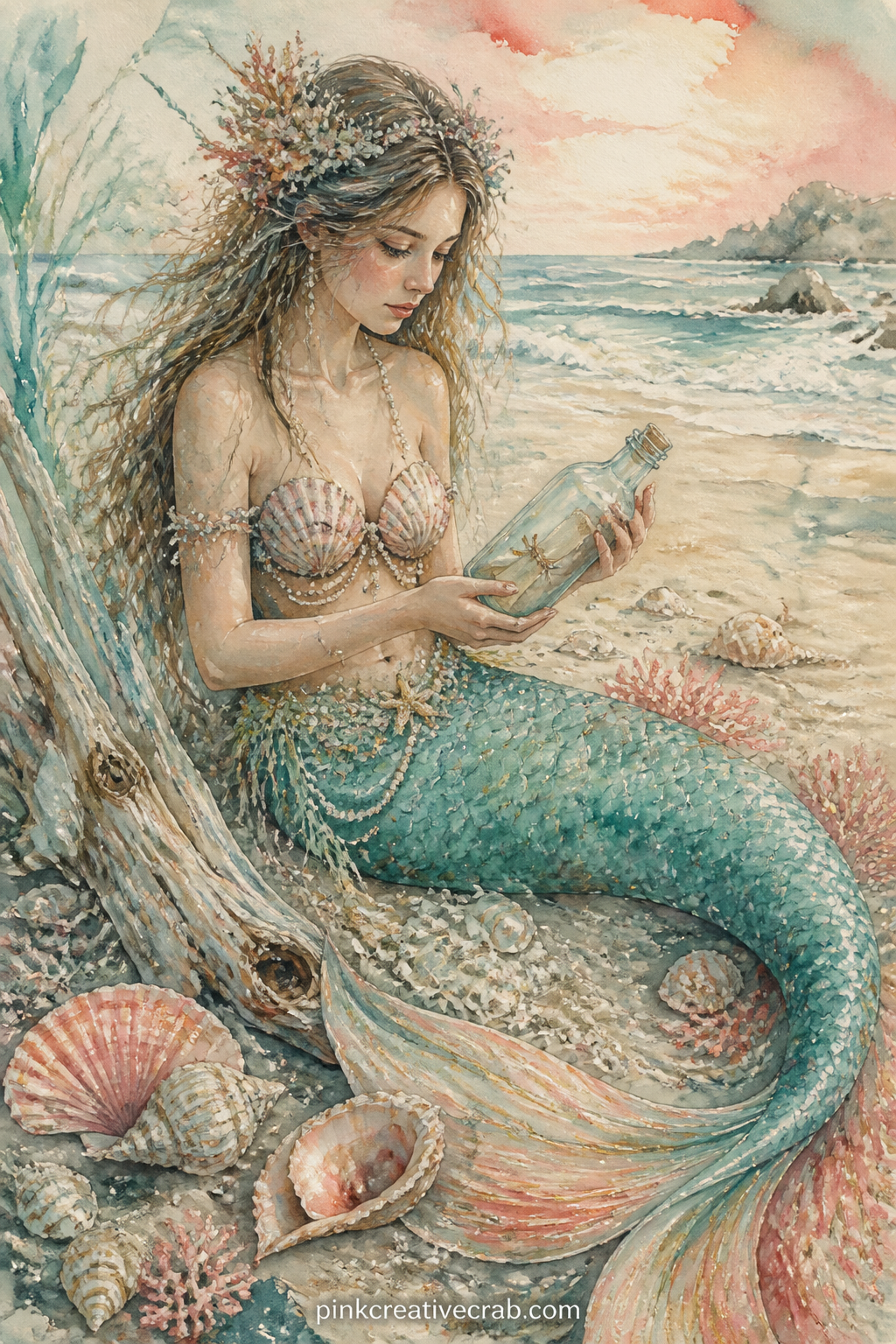 Mermaid Reading A Message In A Bottle printable page — Tuck a real folded note inside your journal pocket near this page, written as if the mermaid found it