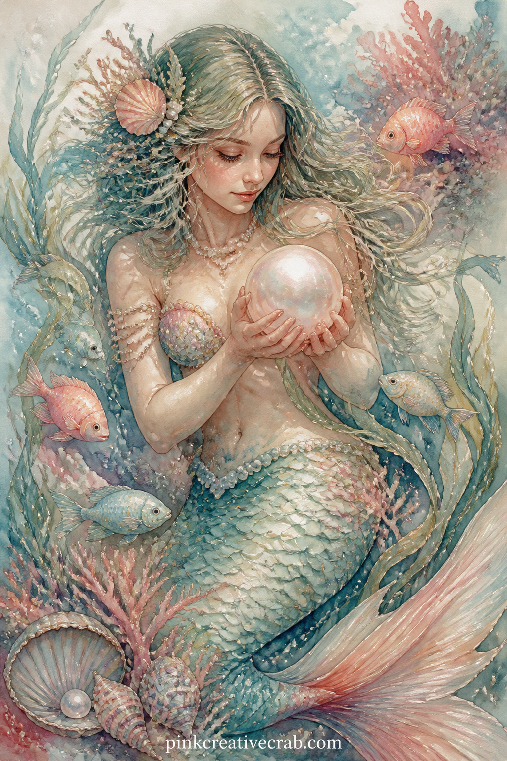 Mermaid Guarding A Pearl printable page — The usual mistake here is painting the pearl too small to notice, so let it fill a third of the page and give the