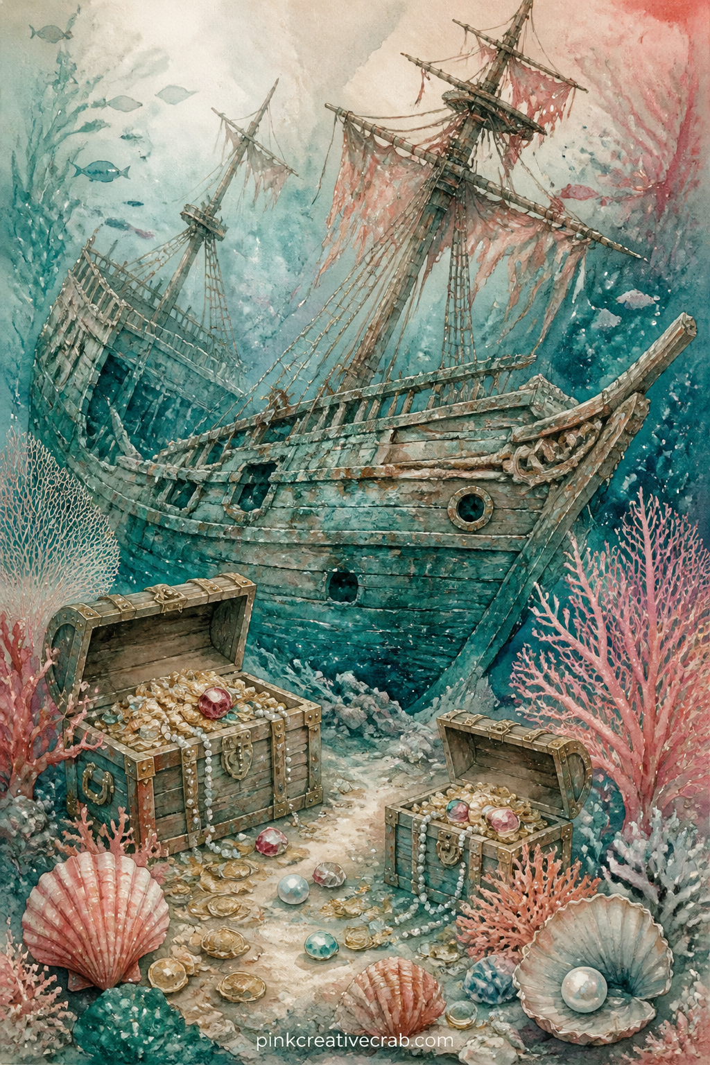 Sunken Ship With Treasure Chests printable page — An old wooden ship lies broken on the sea floor, its open hull spilling coins and chests across the sand