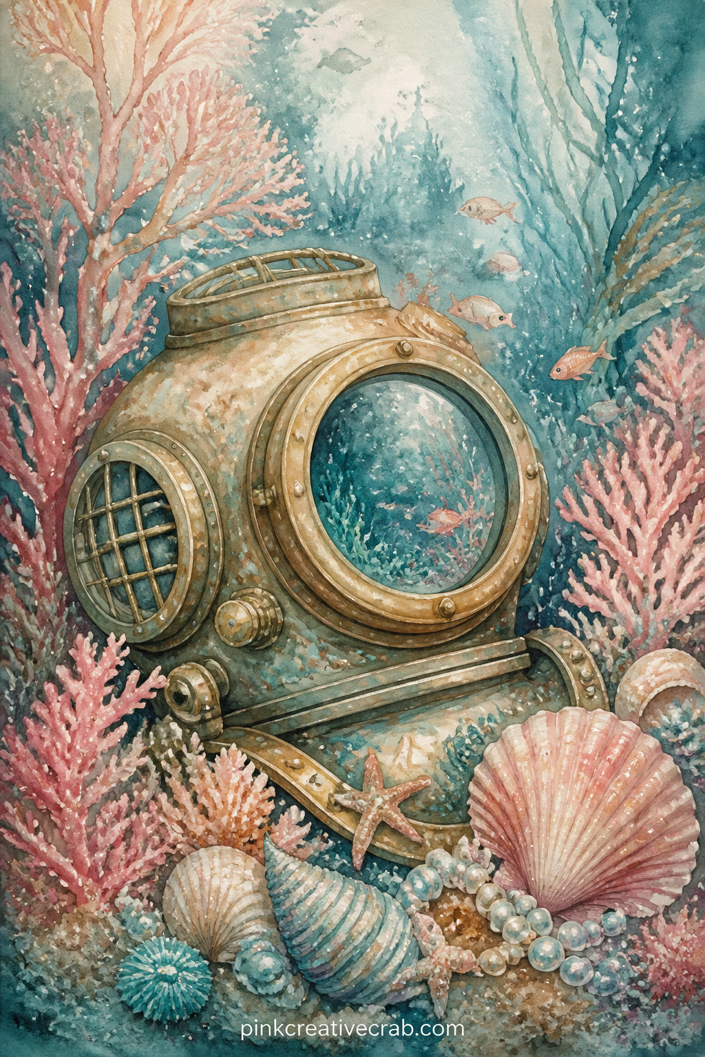 Diver's Helmet Among Coral printable page — An old brass diving helmet rests half buried in coral, a reminder of some sailor who never made it back to the