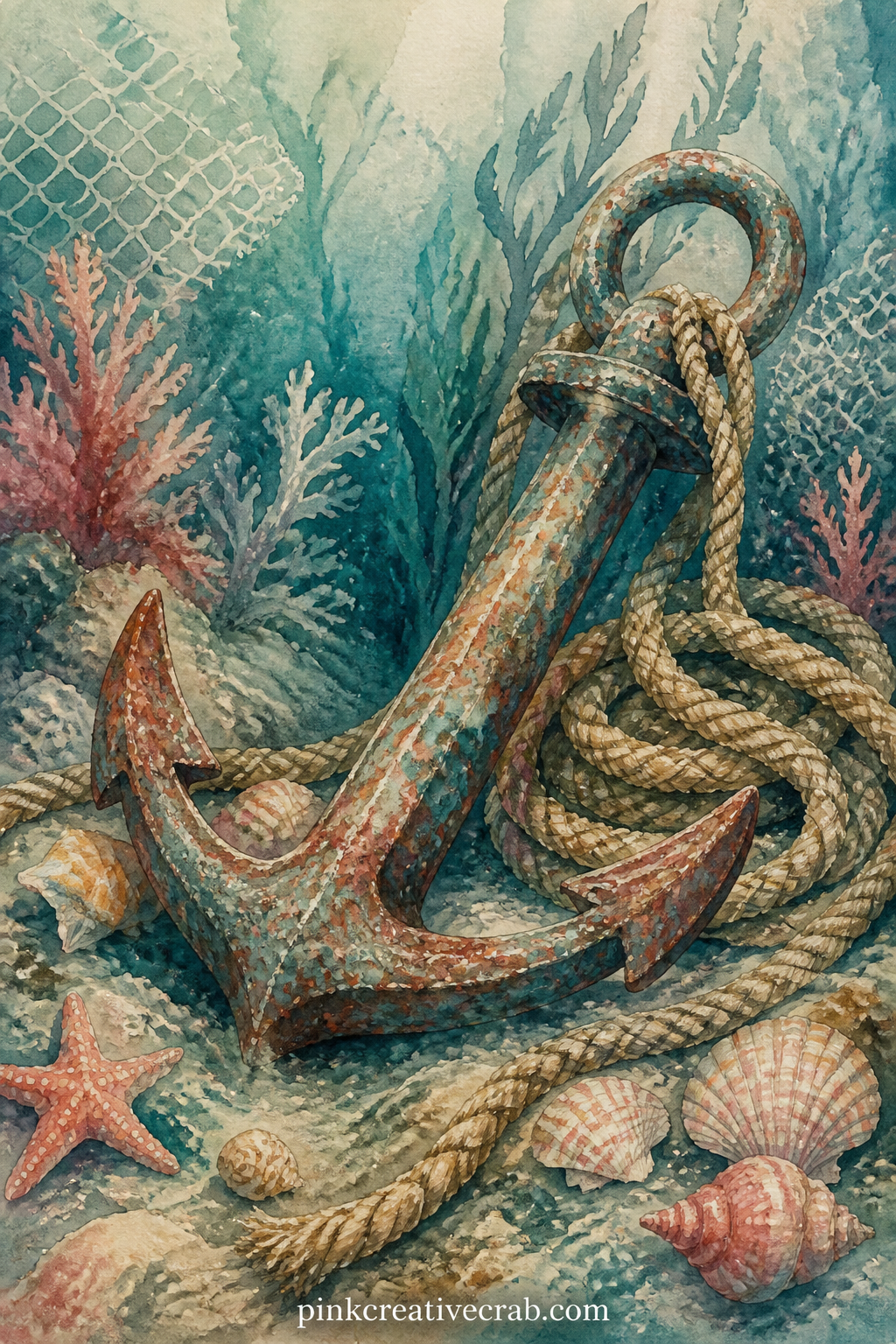 Anchor And Rope On The Seabed printable page — The five minute version of this page is simple: one rusted anchor, one coil of rope, and a wash of deep water