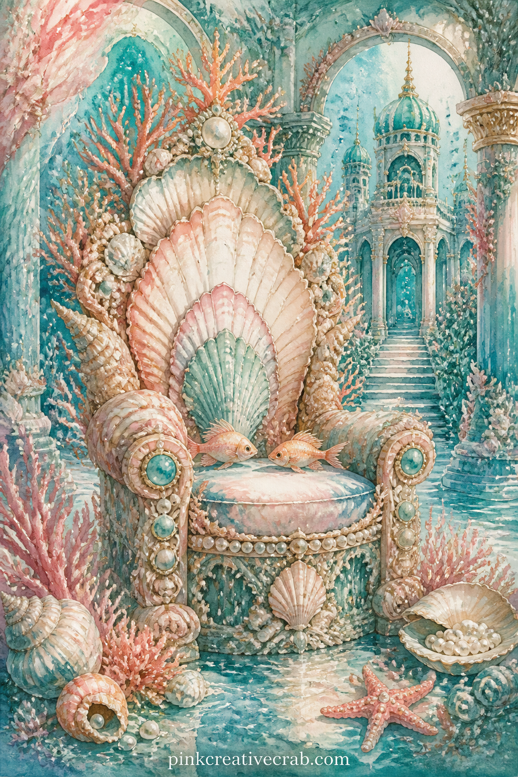 Seashell Throne In The Palace printable page — A grand throne built from layered shells and coral sits empty at the center of a palace hall, waiting for its