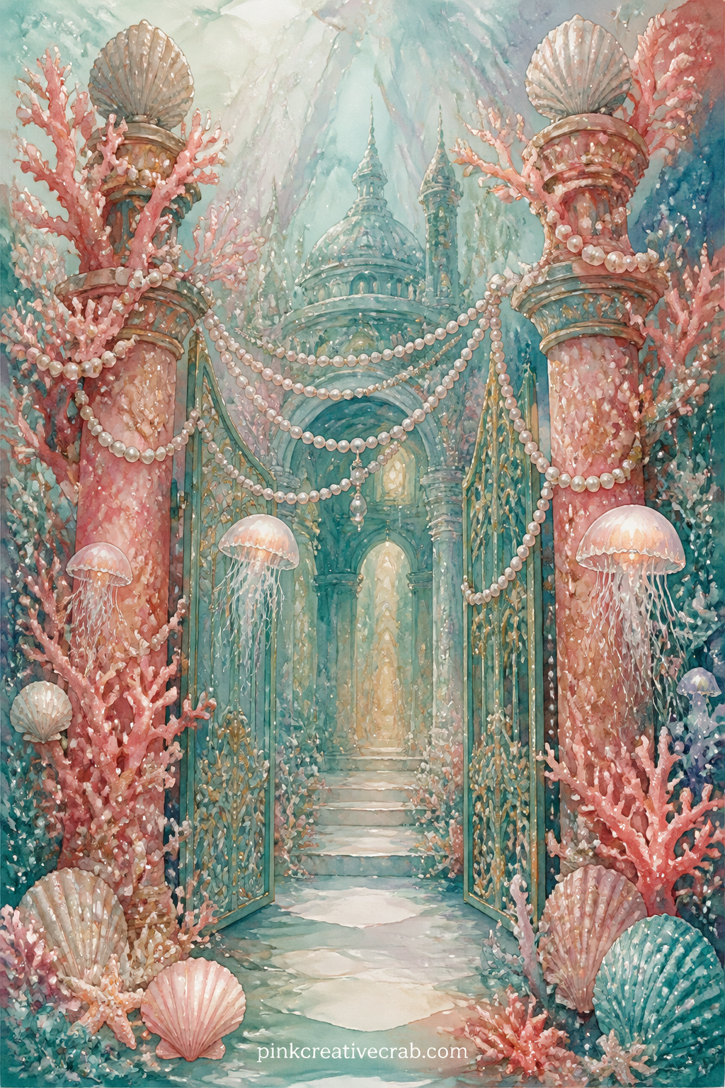 Coral Palace Gates printable page — Write a short invitation on this page, as though the mermaid queen is calling her court to gather for the evening tide.