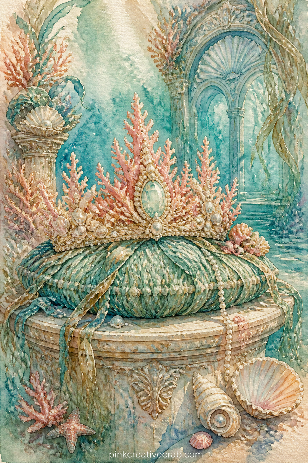 Mermaid Queen's Crown On A Cushion printable page — A pearl crown rests on a cushion of woven kelp, set on a stone pedestal inside the quiet palace chamber.