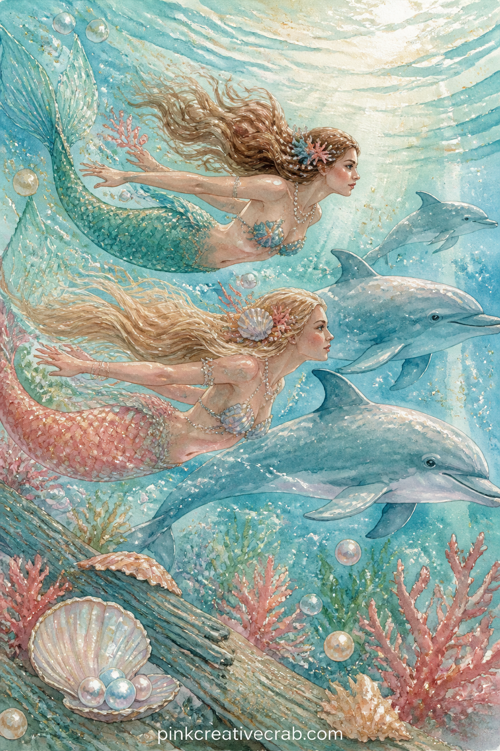 Mermaids Racing Dolphins printable page — Two mermaids race a pod of dolphins through open water, trailing bubbles and loose pearls behind them as they go.