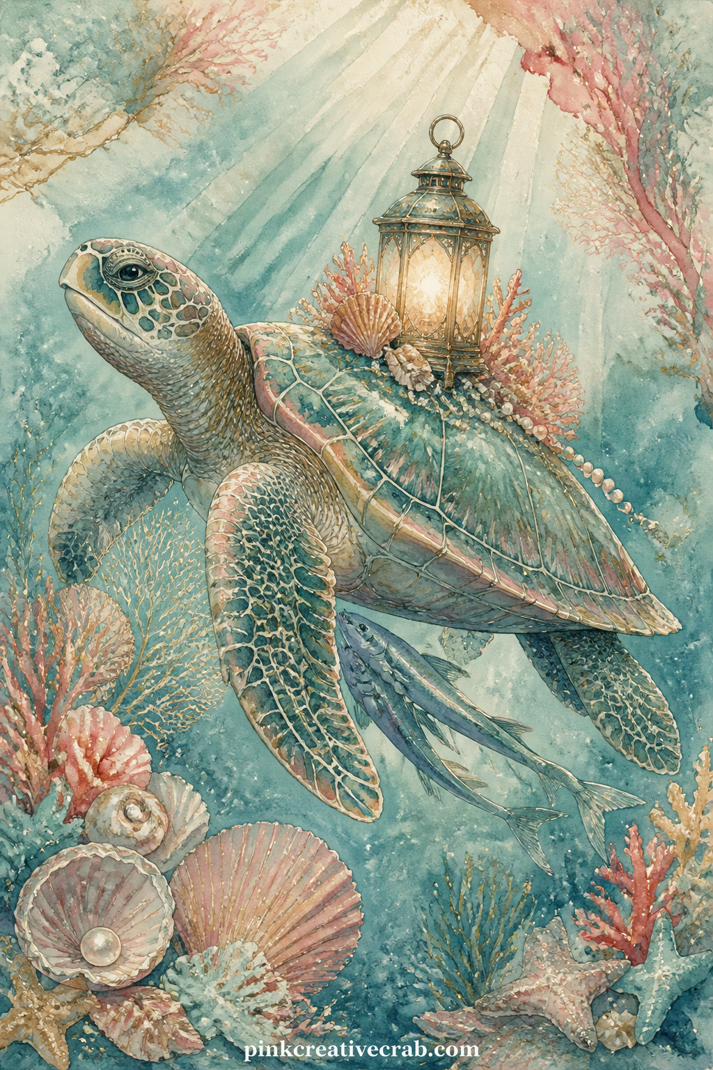 Sea Turtle Carrying A Lantern printable page — Pair this page with the Scattered Shells Pattern as a lining behind a photo of the real ocean, since the