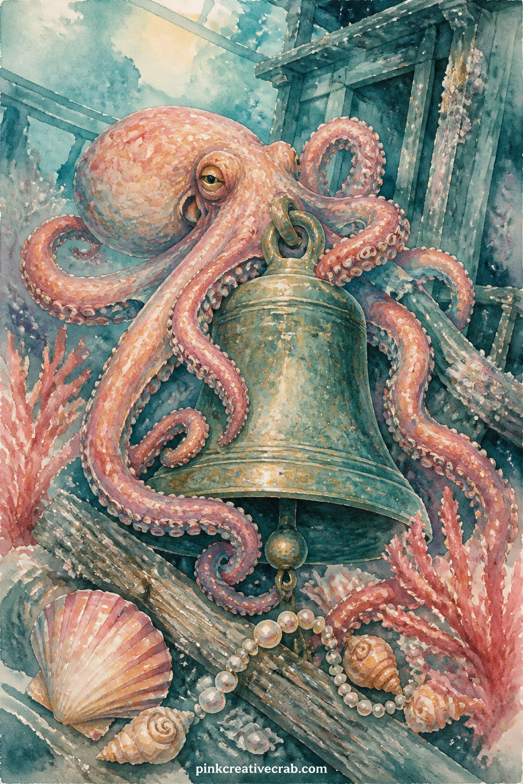 Octopus Guarding A Shipwreck Bell printable page — An octopus curls its arms around an old bronze bell, half hidden among the coral near a broken ship's bow.