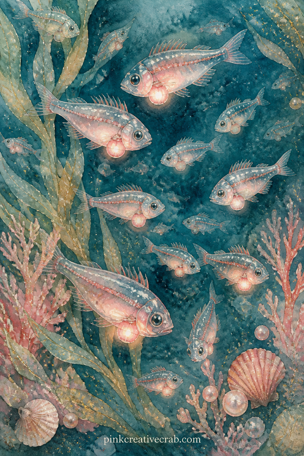 School Of Lantern Fish printable page — The usual mistake with a crowd of fish is making them all identical, so vary a few sizes and tilt several at different