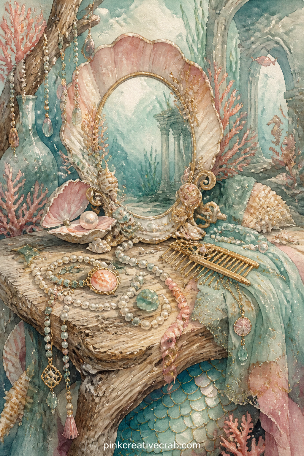 Mermaid's Vanity With Shell Jewelry printable page — A small vanity table built from driftwood holds a mirror of polished shell, strung with pearls and sea