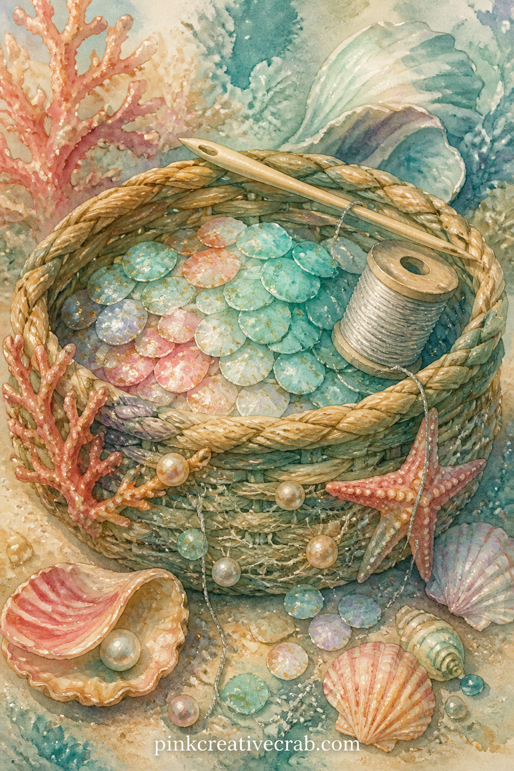 Mermaid's Sewing Basket Of Scales printable page — A woven basket holds loose scales, thread made of silver kelp fiber, and a small bone needle resting across