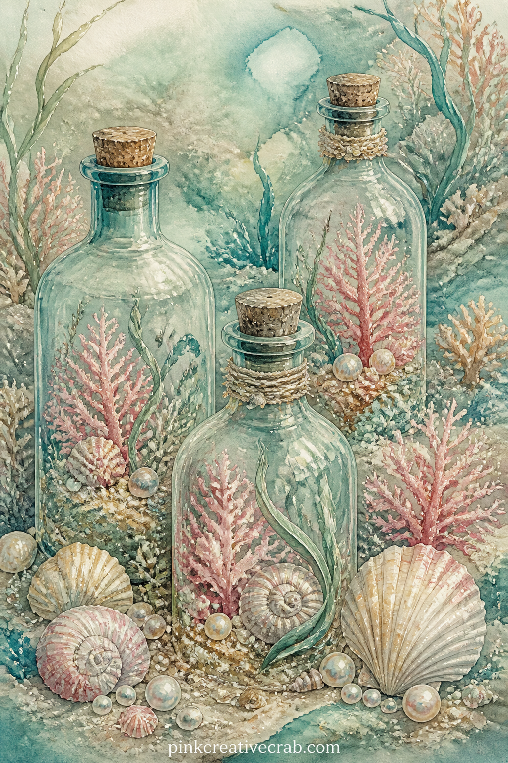 Bottle Garden On The Sea Floor printable page — Three glass bottles sit half buried in the sand, each one holding a tiny patch of coral or a curled strand of