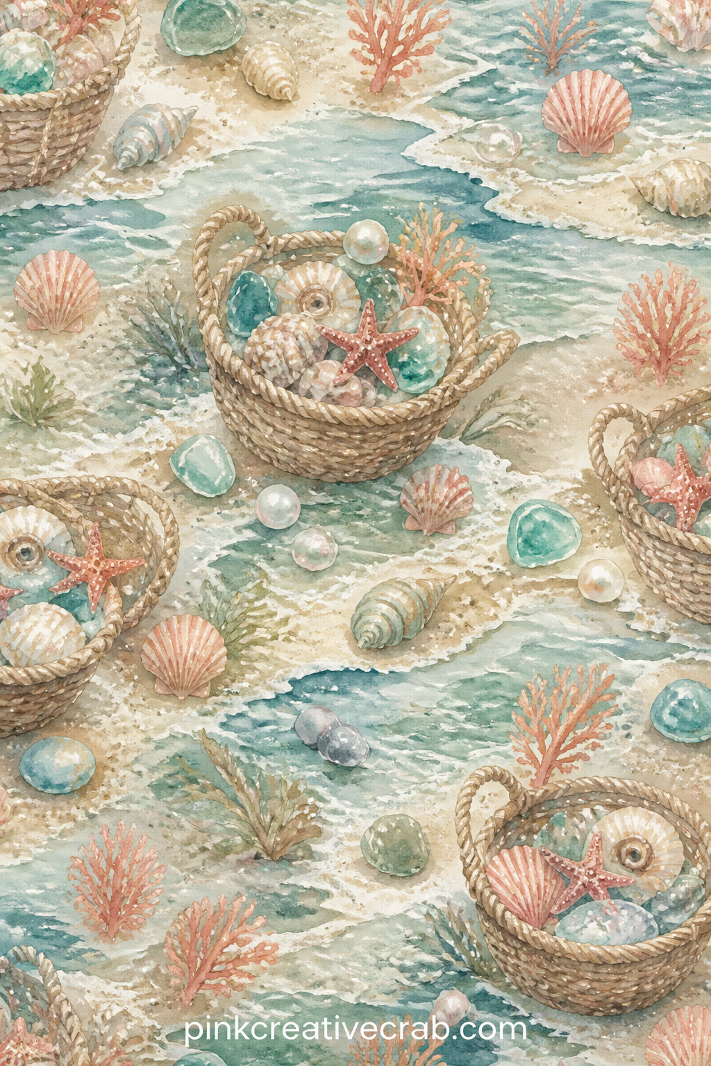Pearl Diver's Basket At Low Tide printable page — This page suits a gift journal made for someone who loves beachcombing more than mermaids themselves, since