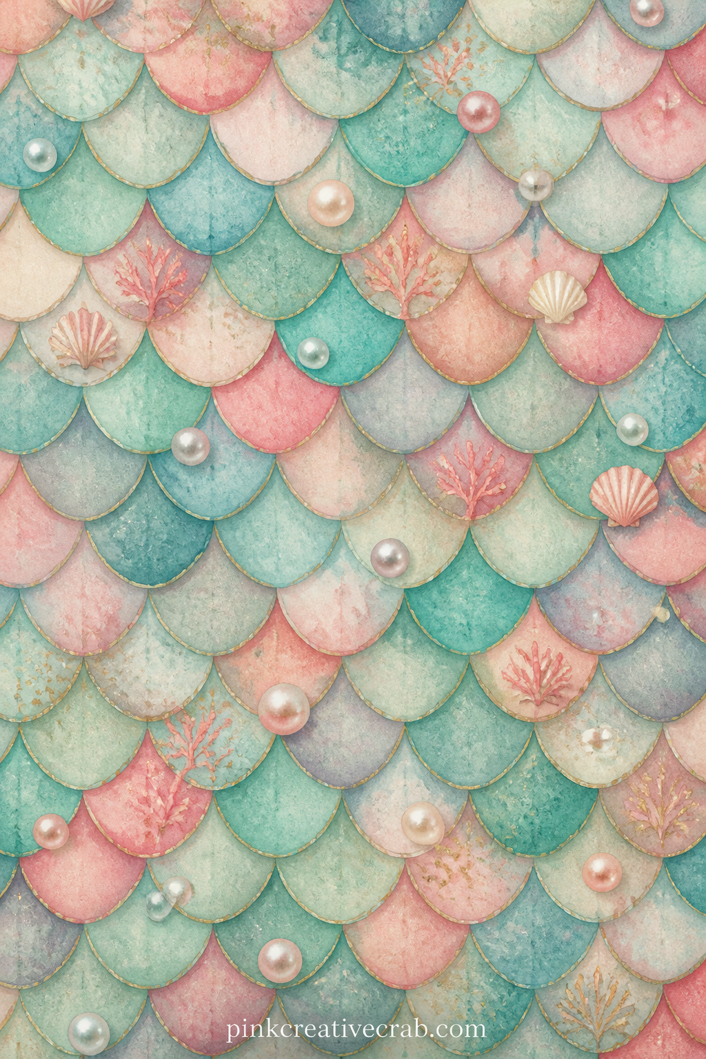 Scales And Pearls Pattern printable page — Small overlapping scales in dusty teal and pale gold repeat edge to edge, with single pearls scattered between the