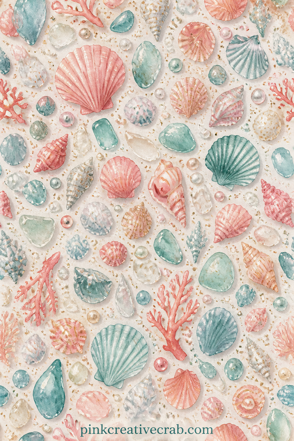 Scattered Shells Pattern printable page — A loose all-over scatter of small shells and sea glass pieces covers the sheet, good for lining a cover, backing a