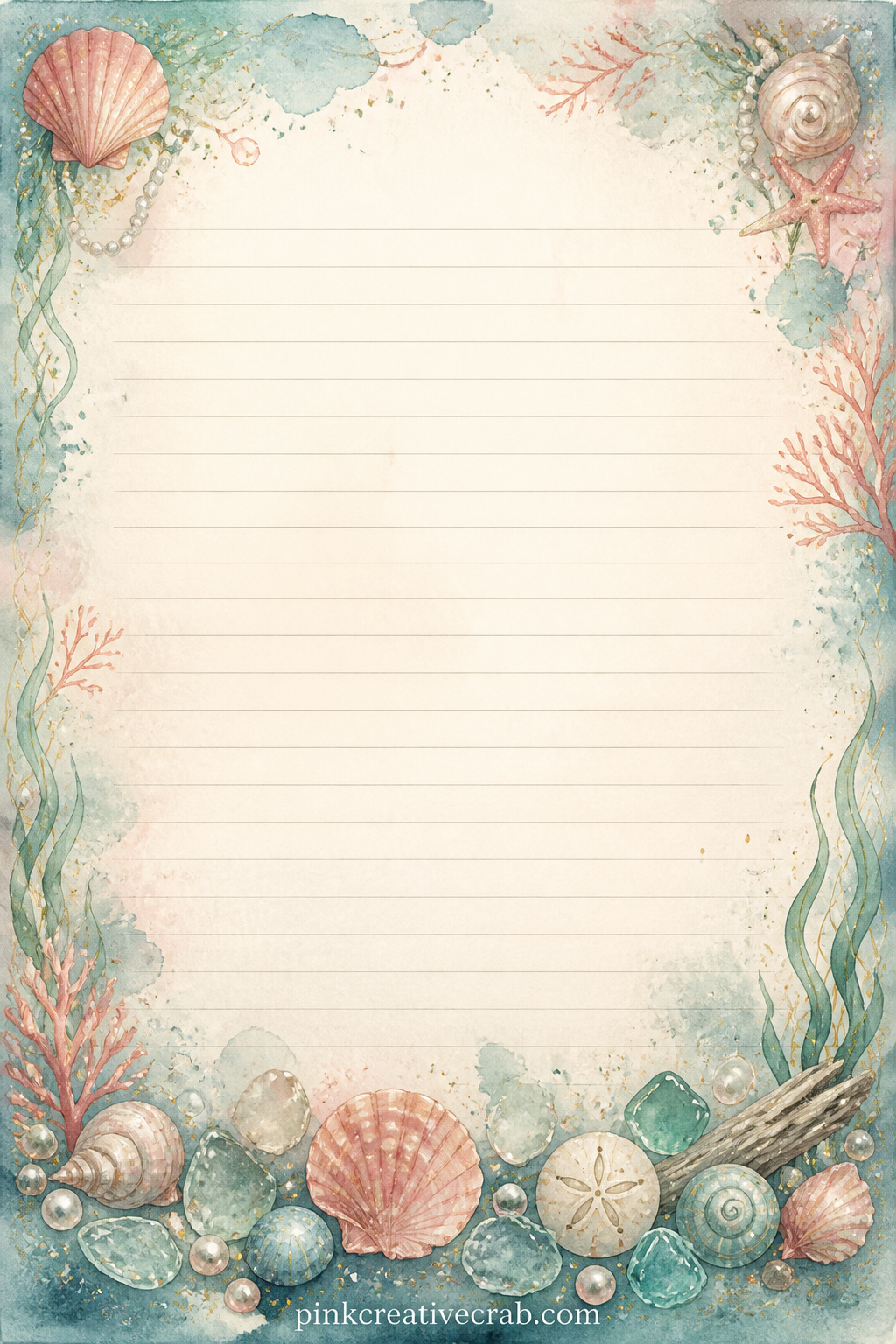 Tide Pool Notes Lined Page printable page — A border of small shells and sea glass runs along the bottom edge, leaving faint ruled lines free for a tide pool