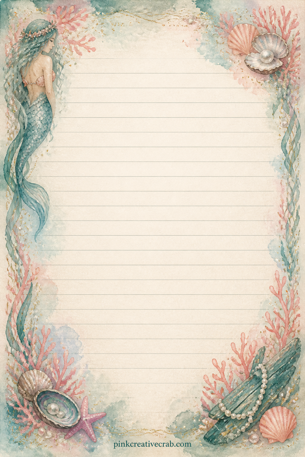 Mermaid's Diary Lined Page printable page — Corner sprays of coral and pearl frame the page, leaving open ruled lines for a letter to next year's self or a
