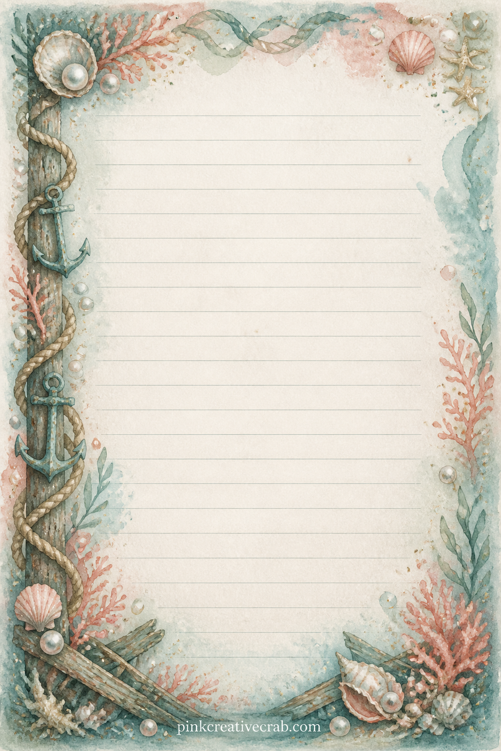 Shipwreck Log Lined Page printable page — A thin band of rope and anchor shapes runs down the left side, leaving the ruled lines free for a ship's log entry, a