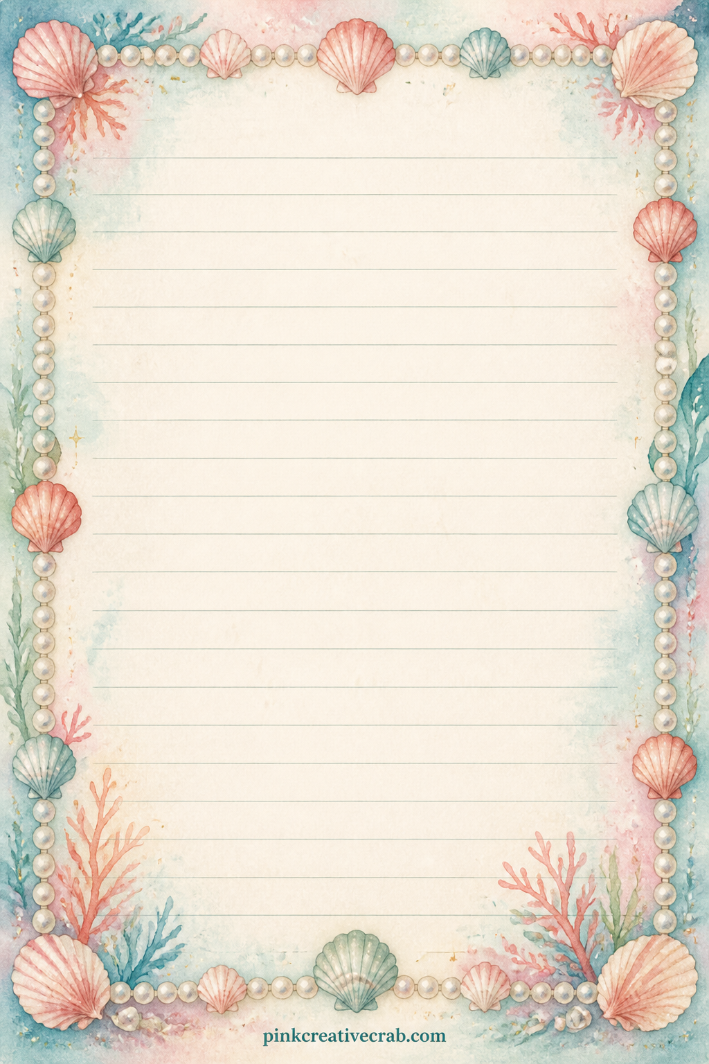 Pearl Frame Lined Page printable page — A full frame of small pearls and scallop shells borders the sheet, leaving the center open for a gift list, a guest