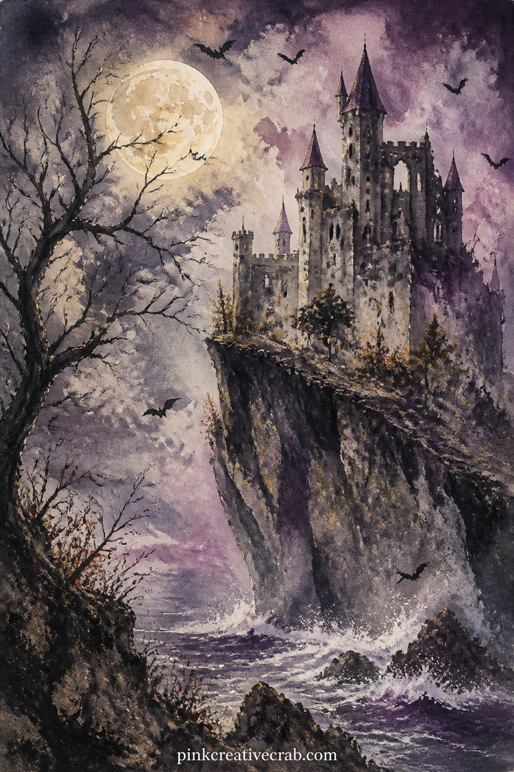Moonlit Castle On A Cliff printable page — A single turret catches the last of the moonlight while the rest of the castle falls into shadow against the cliff