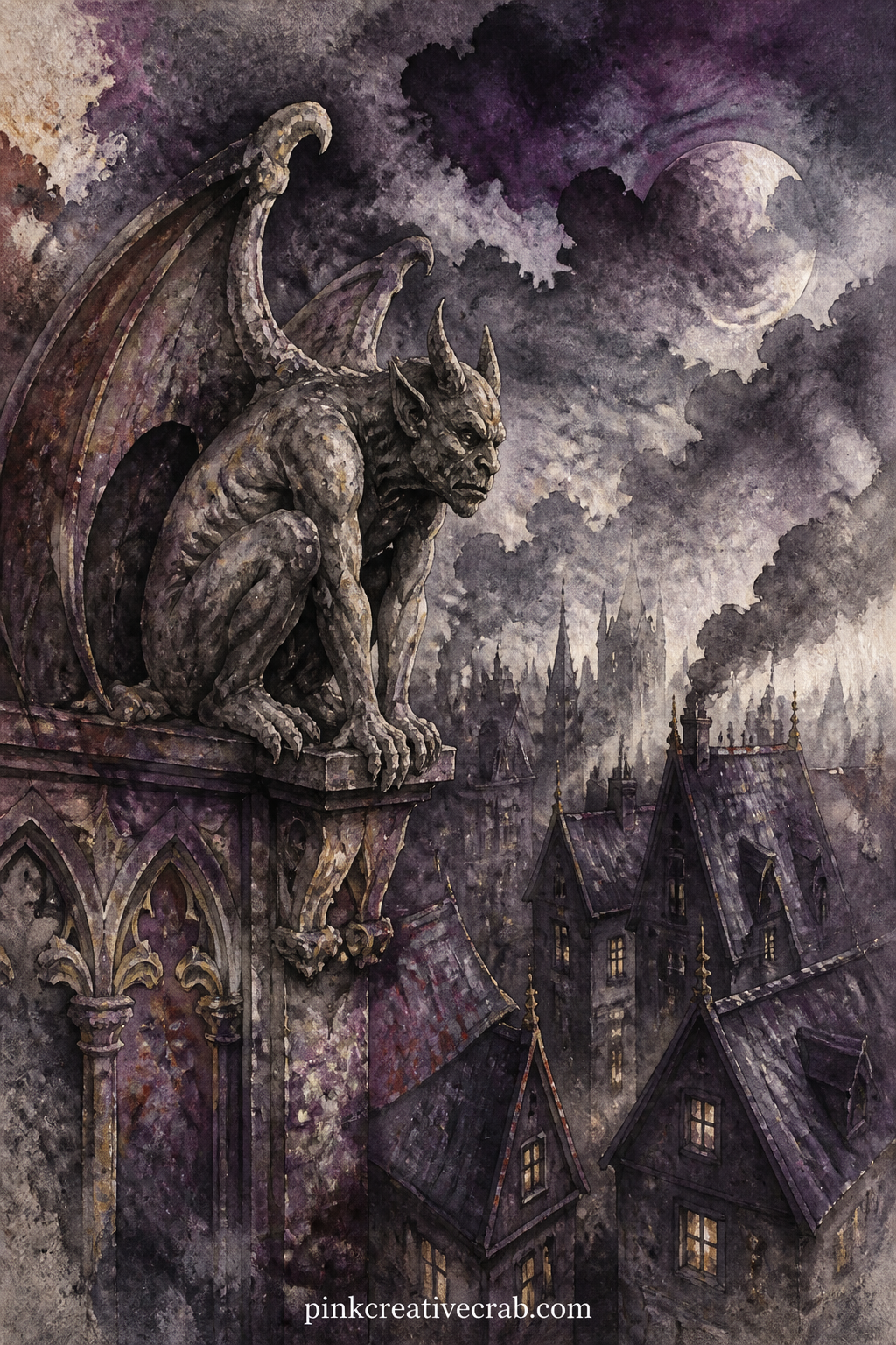 Gargoyle On The Rooftop printable page — A stone gargoyle perches over a sleeping town, its wings catching the last grey light before the clouds close over