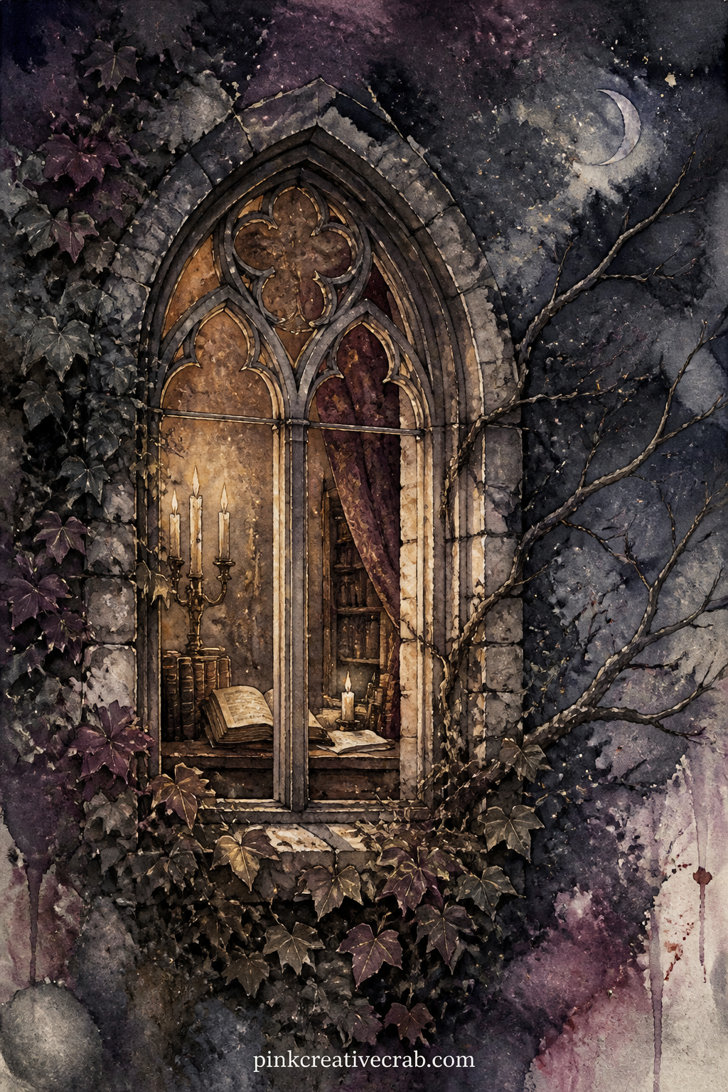 Candlelit Study Window printable page — This is the easy five minute version of a castle page: one window, one candle, no architecture to get lost in. Gothic