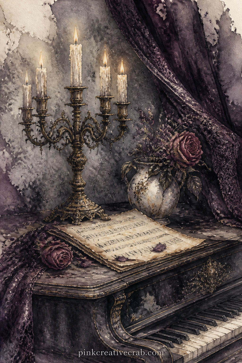 Candelabra On A Dusty Piano printable page — A five branched candelabra drips wax onto sheet music left open on a closed piano lid thick with dust. Gothic junk