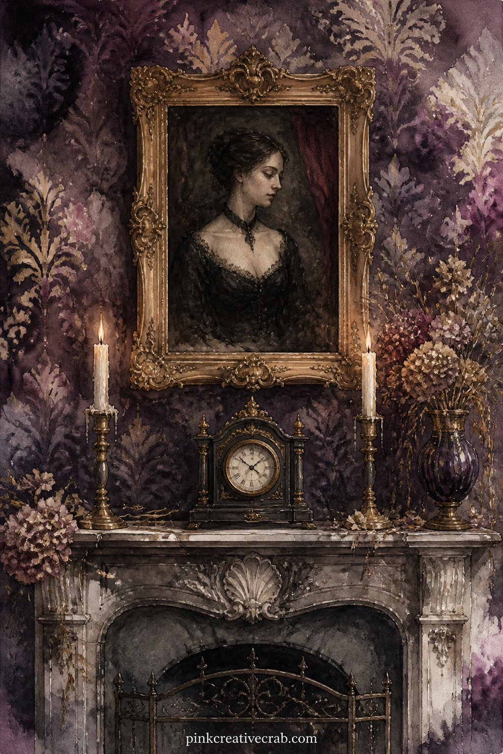 Portrait Above The Fireplace printable page — The usual mistake with a portrait page is making the face too detailed, which pulls the eye away from the room