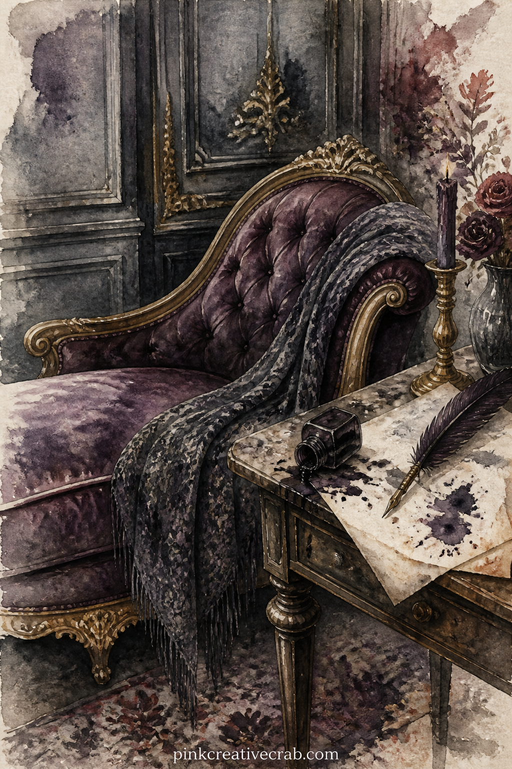 Chaise And Spilled Ink printable page — Tuck a short unfinished letter or a single pressed flower onto this page, since the open ink bottle and loose quill