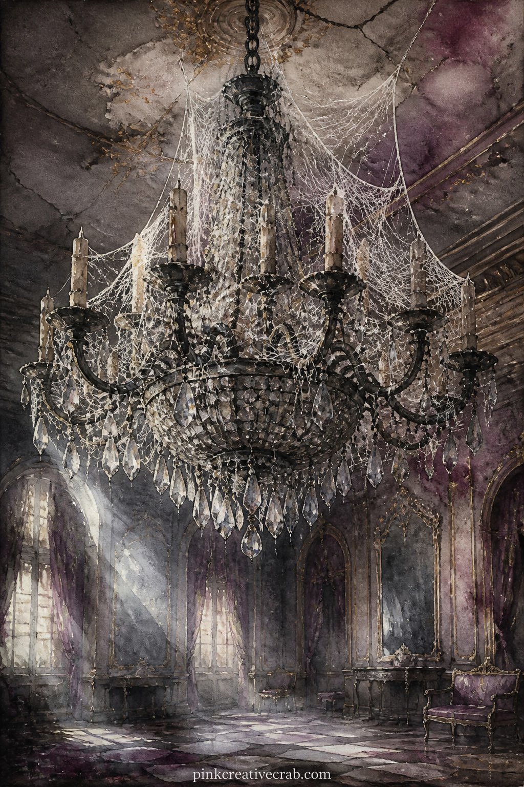 Cobwebbed Chandelier printable page — What is overhead in a room that has not been lived in for years, hanging heavy and still above the empty furniture below