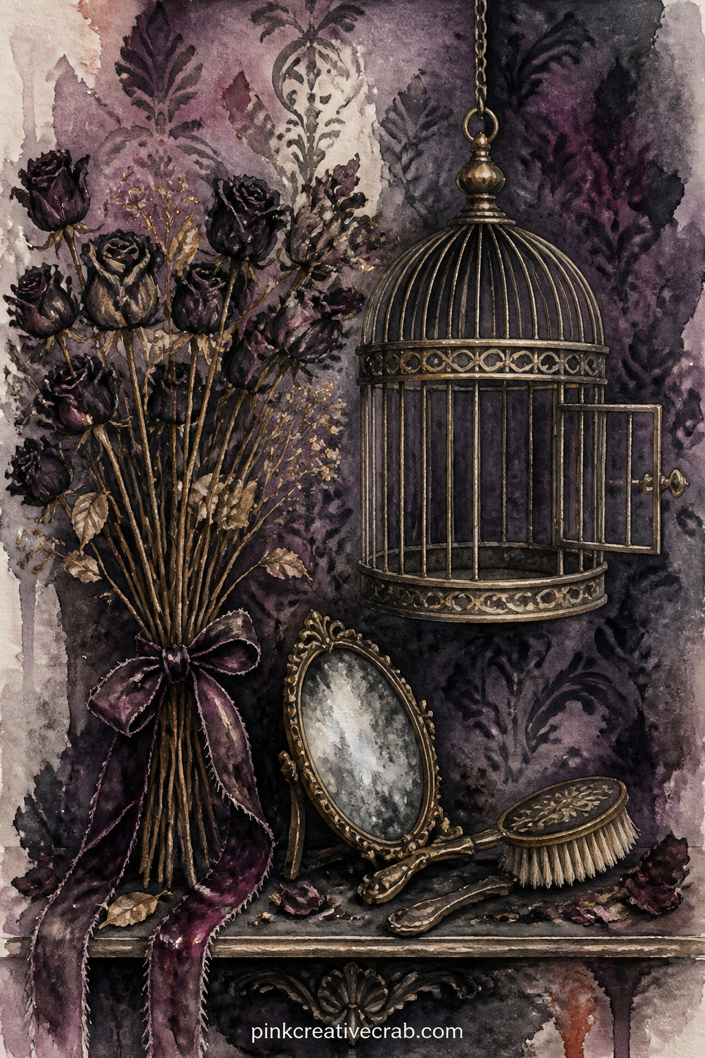 Birdcage And Dried Roses printable page — This page suits a gift journal made for someone who loves faded romance more than frights, a quiet corner of the