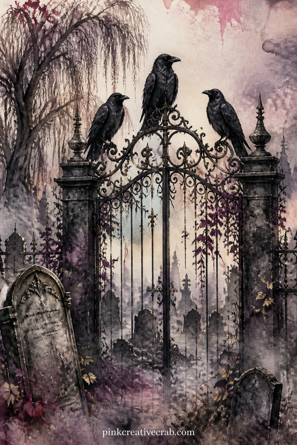 Ravens On The Cemetery Gate printable page — Three ravens line the top of a rusted iron gate, watching over rows of leaning headstones half swallowed by fog.